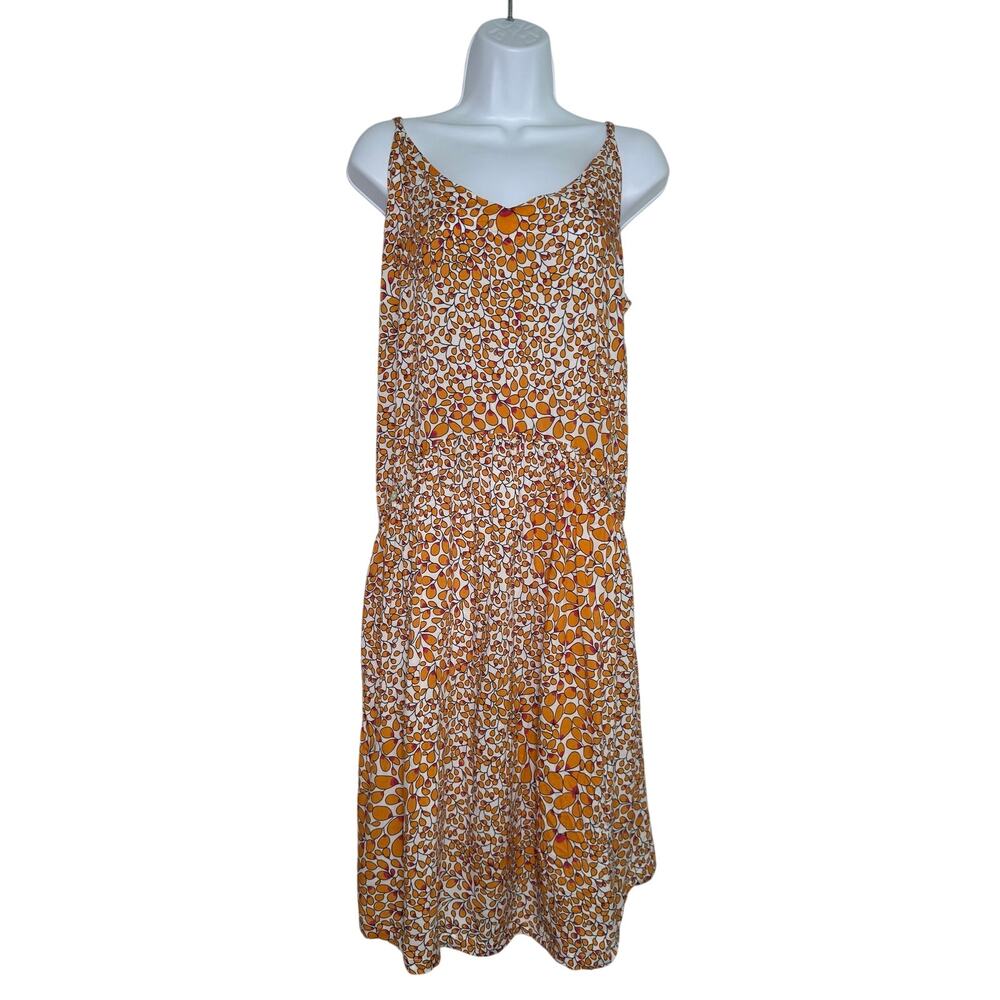 Haris Cotton Sundress Orange White Black Print Size LARGE Midi Pockets Straps